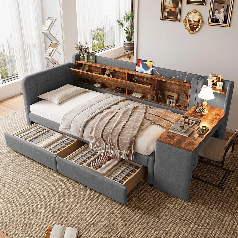 Divano letto 90x200cm?- Xylo - scrivania USB-C lino grigio
