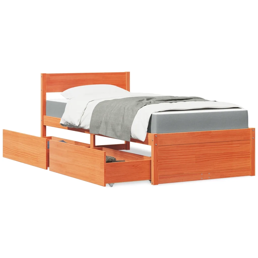 Letto Cassetti e Materasso Marrone Cera 100x200cm Massello Pino 3281906