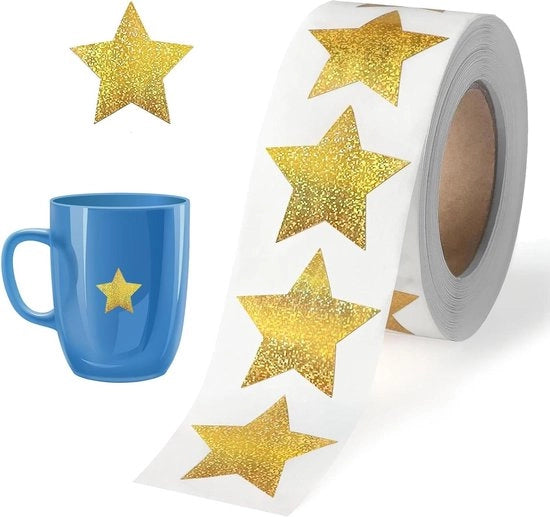Sticker a stelle dorate - 500 pezzi - Decorazione self-adesiva - Glitter - Diagramma di comportamento - Materiali didattici - Rotolo d'oro - 25 cm