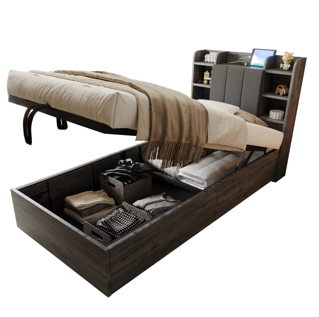 Letto singolo 90x200 cm con contenitore idraulico e prese USB