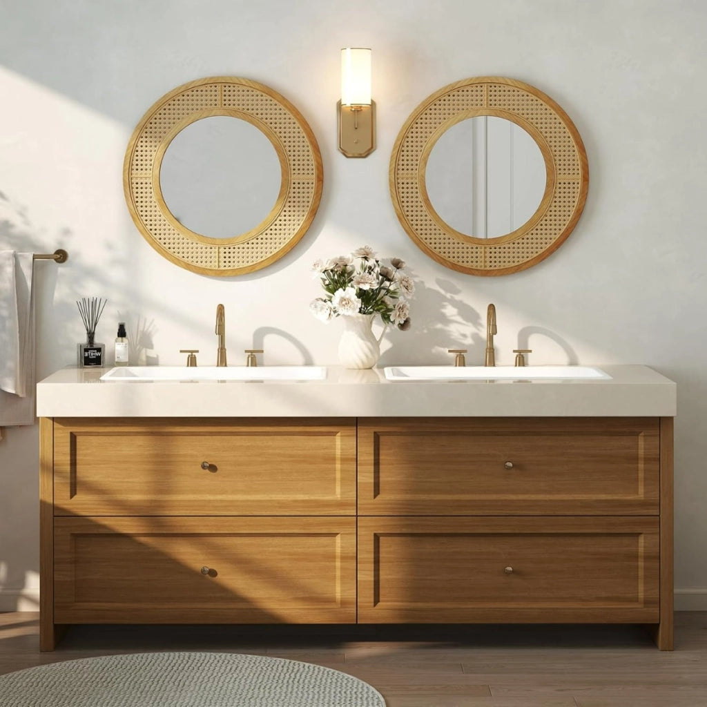 Specchio da parete in rattan con cornice in legno, Specchio decorativo rotondo bohemien da parete 65 x 65 cm-Specchi da parete