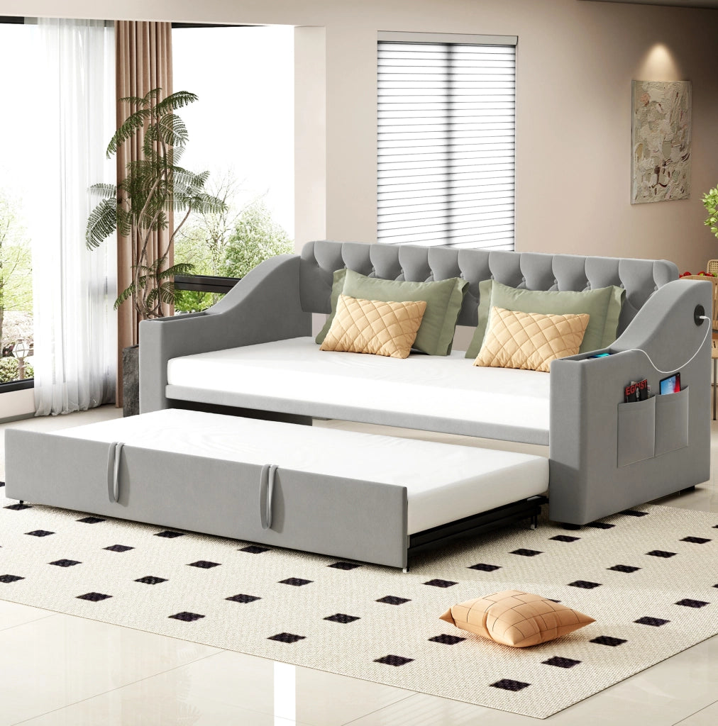 Divano letto imbottito estraibile in velluto grigio 90 x 190 cm