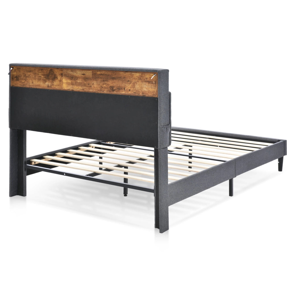 Letto Contenitore 140x200 cm; Letto Matrimoniale - Testiera con Contenitore e LED - Grigio