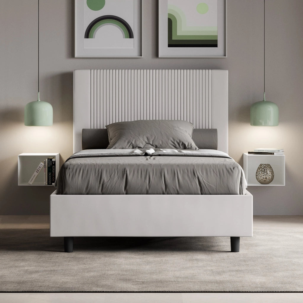 BS COM Letto una piazza e mezza con rete imbottito 130x190 similpelle bianco