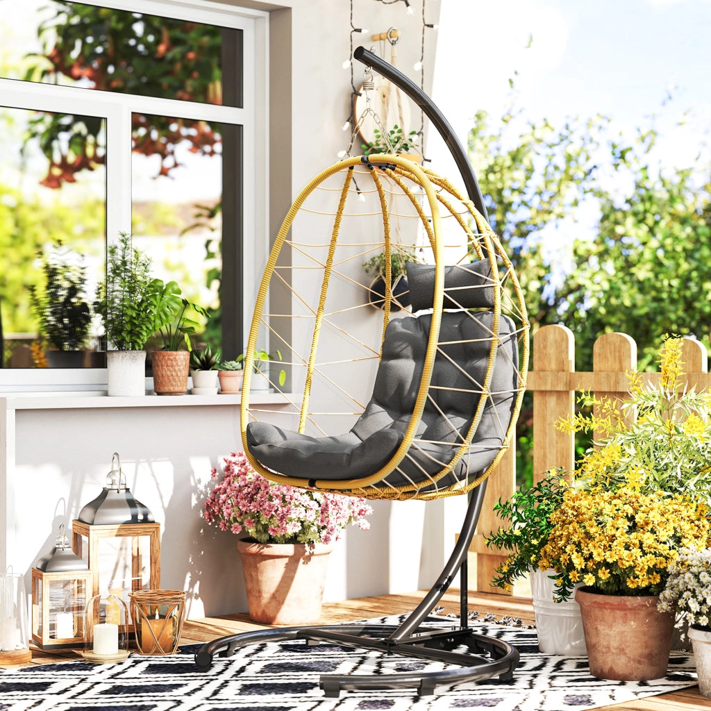 Poltrona Sospesa e Pieghevole con Cuscini, in Acciaio e Rattan PE, 102x102x195 cm, Nera Grigia e Beige