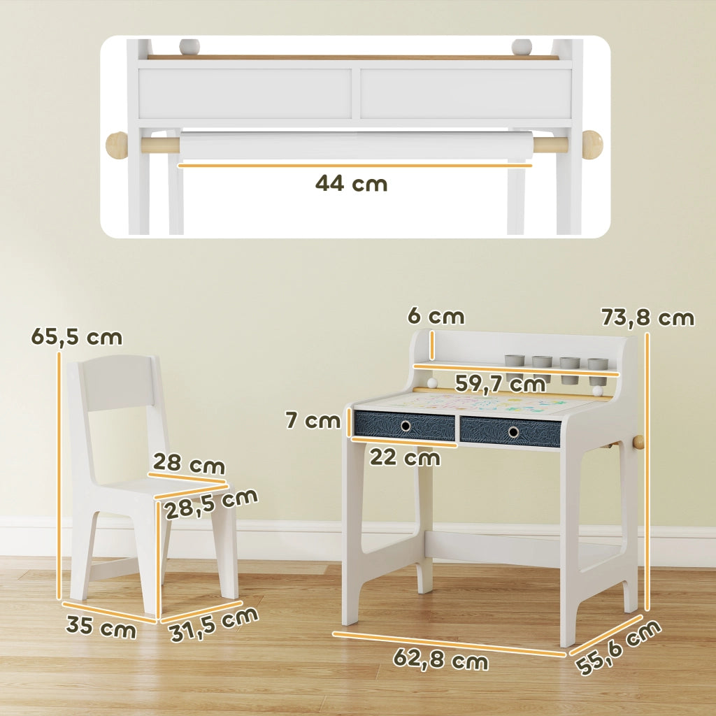 Scrivania per bambini con sedia e 2 cassetti ¨C zephmum ¨C 62.8x55.6x73.8 cm, bianco