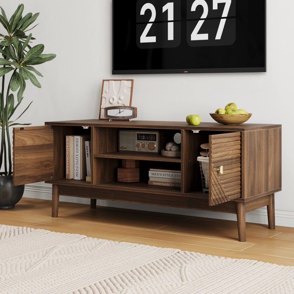 Mobile TV 110 cm in stile Mid-Century, con ampio spazio contenitivo, passacavi e chiusura soft-close, colore noce