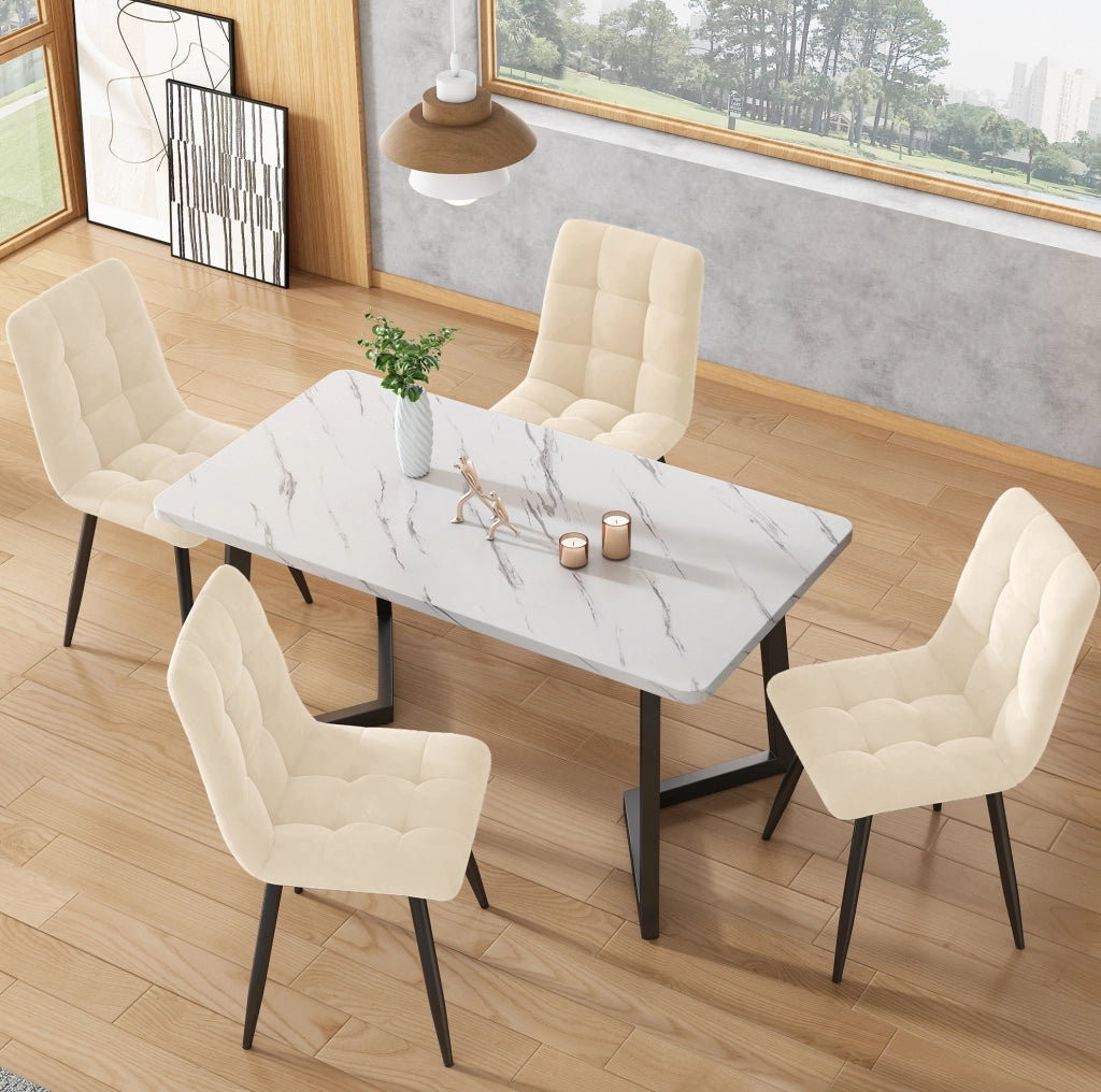 Set di 4 sedie da pranzo imbottite in velluto Antique White; 44x41x86 cm; con gambe in metallo