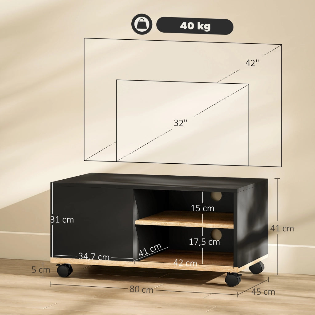 Mobile TV con ruote e 2 freni ¨C zephmum ¨C 2 nicchie e armadio con porta e passacavi, legno rovere chiaro