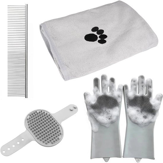 Set di Bagno per Cani con Guanti in Gomma, Asciugamani per Cani, Spazzola Metallica e Borsetta per Massaggi per una Migliore Pulizia e Igiene del Cani.
