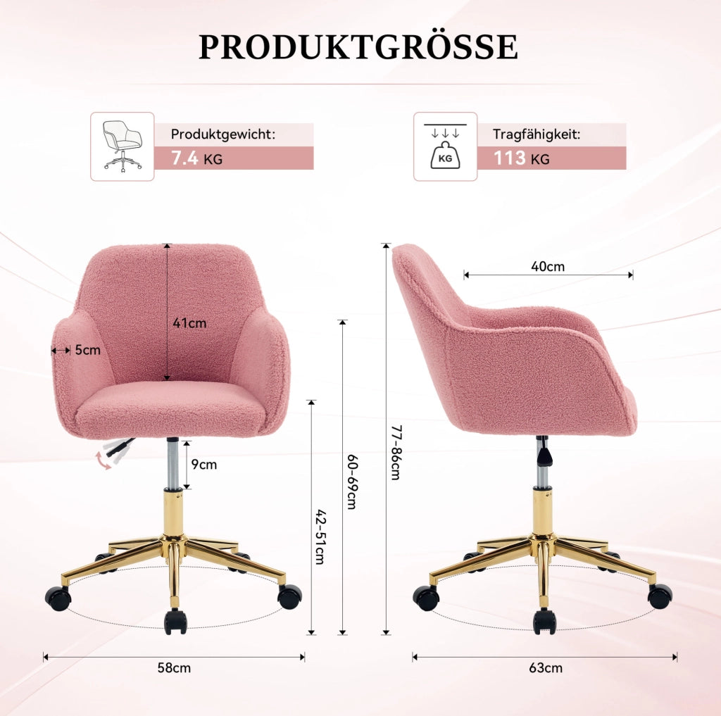Sedia da ufficio Teddy rosa regolabile e girevole a 360°