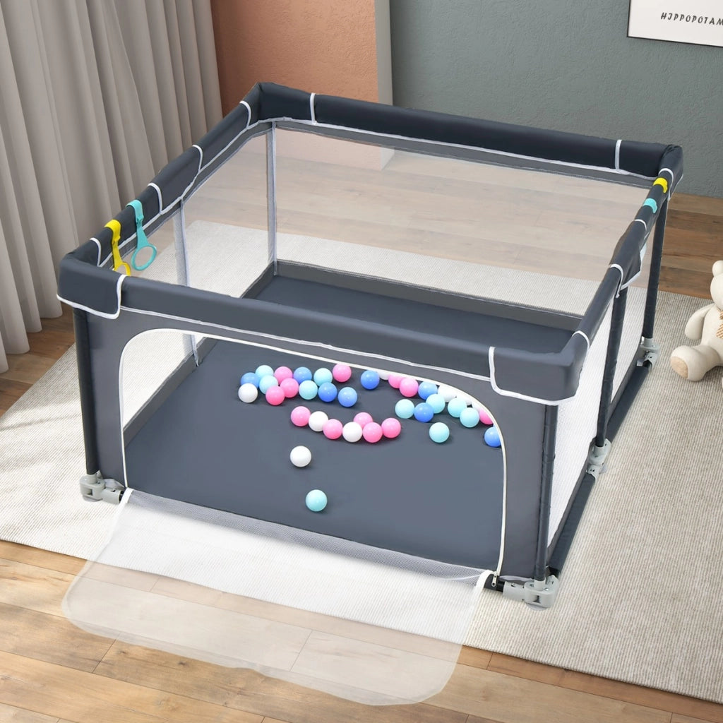 Box per bambini pieghevole con pareti in rete traspirante, Recinto portatile con ventose antiscivolo Grigio scuro-Cancelletti di sicurezza