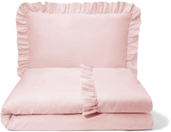 Set di lenzuola per bambini 2 pezzi, con ruches e chiusura a rits, copriletto 100 x 135 cm e cuscino 60 x 40 cm, colore pastello rosa chiaro.