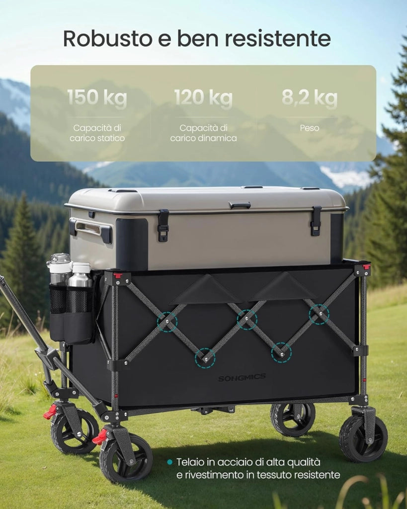 SONGMICS Carrello da Campeggio Pieghevole, Carretto, 150 L, Portante 150 kg, Carrello da Giardino, con Manico, 4 Ruote Rimovibili, Salvaspazio, per Esterni, Giardino, Nero Inchiostro GFW115B01
