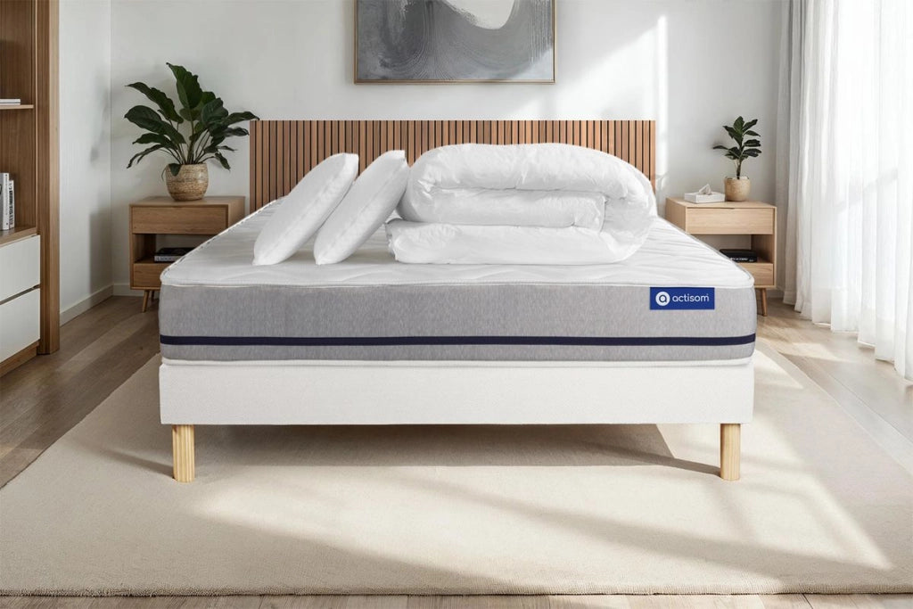 Pacchetto letto completo - Materasso 140x190cm + Box spring con doghe (in kit) + 2 cuscini + Piumino - Actimemo Soft