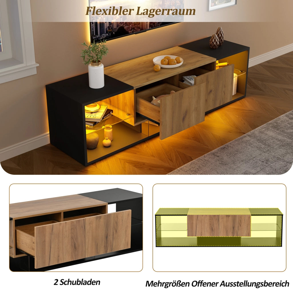 Mobile porta TV con LED e 2 cassetti, 5 vani aperti, per soggiorno, in truciolare, nero e naturale, 160 × 40 × 42 cm