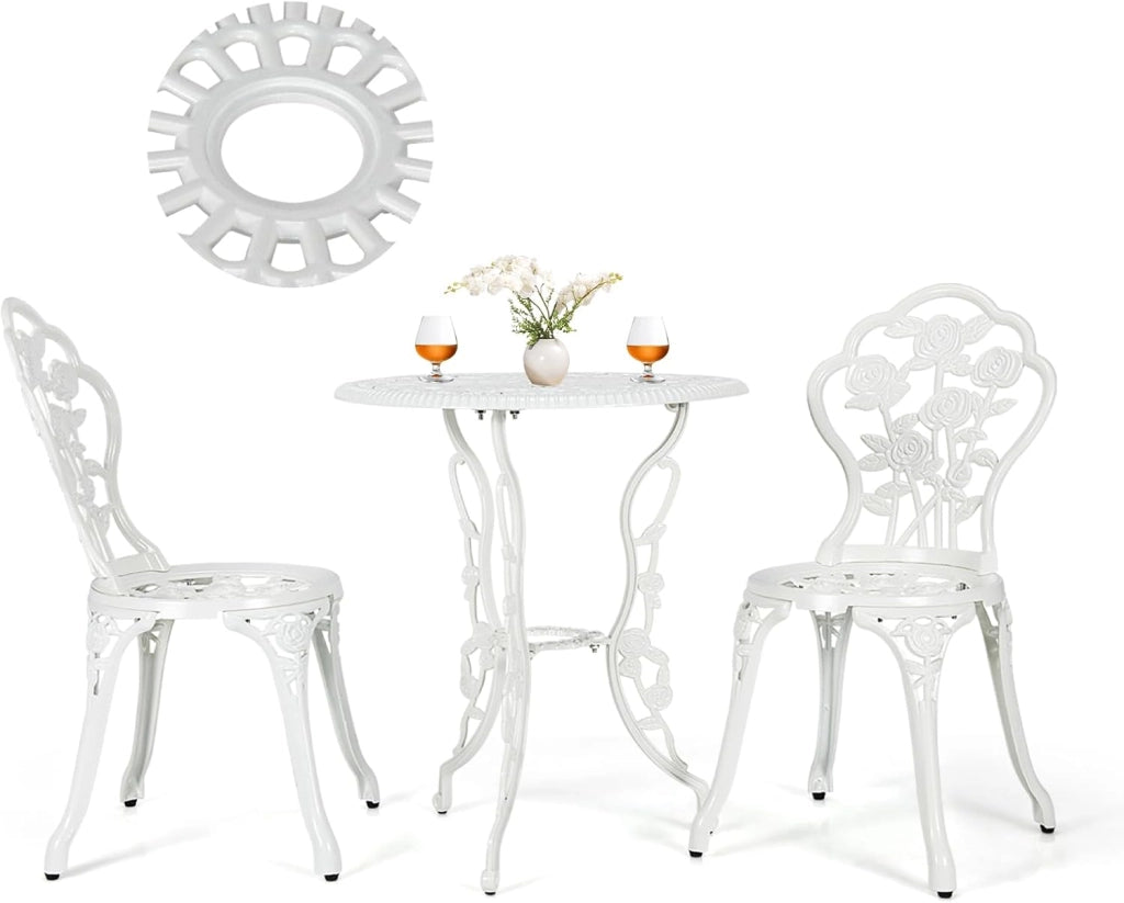 Set di 3 Mobili da Giardino, Tavolo da Giardino con 2 Sedie, Set da Bistrò in Alluminio Resistente alle Intemperie, con Motivo a Rose, per Balcone, Cortile, Terrazza, Verde Bronzo