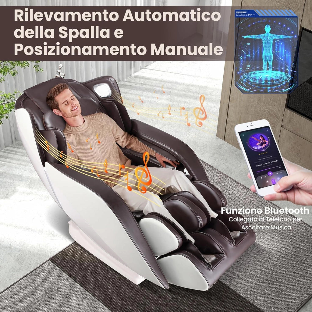 Poltrona Massaggiante, Sedia da Massaggio con 12 Modalità, 6 Tecniche di Massaggio, Stretch Thailandese e Guida SL, Poltrona Relax con Telecomando per Tutto il Corpo (Marrone)