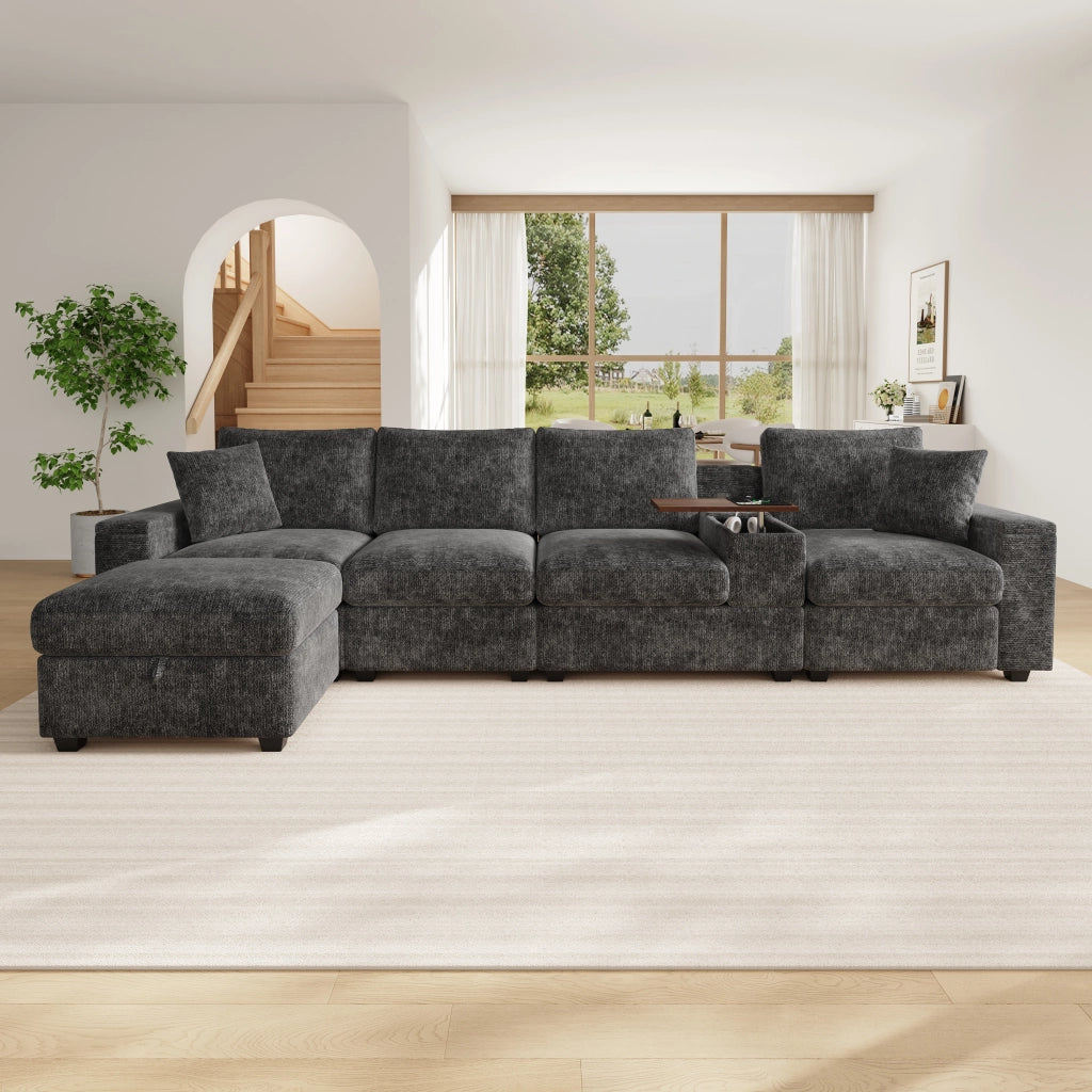 Divano modulare angolare con pouf porta bicchieri USB e tipo C con contenitore in chenille grigio 313 × 147 × 82 cm