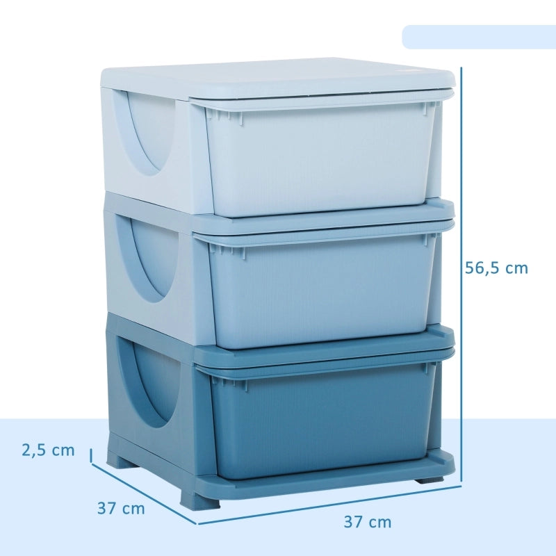 Mobile contenitore per bambini con 3 cassetti estraibili in plastica blu 37x37x56,5 cm