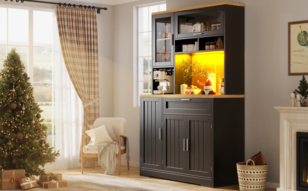 Mobile alto da cucina con LED 104x40x180 cm con ante in vetro, 3 ante e cassetto nero HAVRYA