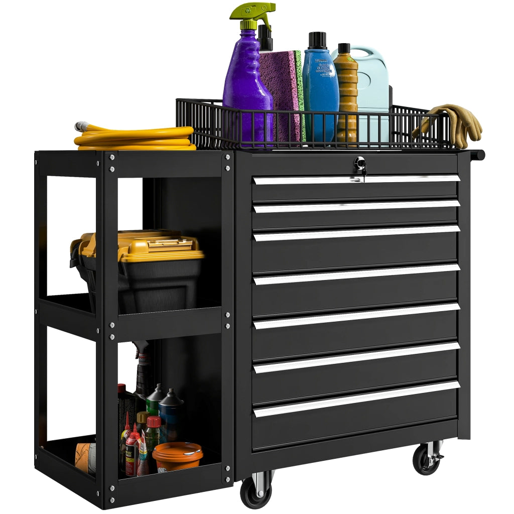 Carrello per utensili con 7 cassetti e scaffale laterale rimovibile ¨C zephmum ¨C Nero, metallo, 96x33.5x75 cm