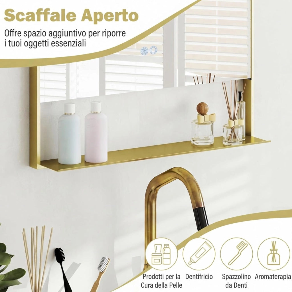 Specchio da Bagno LED 80 x 60 cm con Mensola, Specchio da Trucco con Cornice in Alluminio, Funzione Antiappannamento, 3 Colori di Luce e Luminosità Regolabile