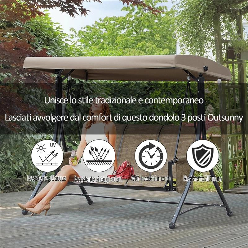 DONDOLO DA GIARDINO 3 POSTI TETTUCCIO E TASCHE PORTAOGGETTI MARRONE