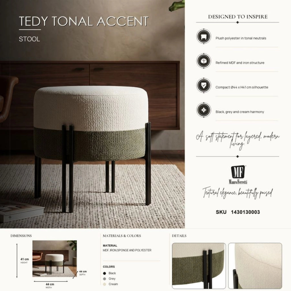 Pouf moderno bicolore crema e verde con struttura in ferro nero
