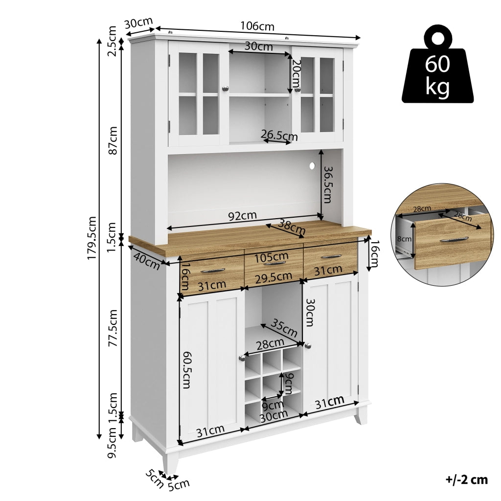 Credenza con Vetrina e LED ¨C MINIMAL ¨C Legno, Ripiani Regolabili, Cassetto, 106x40x179.5