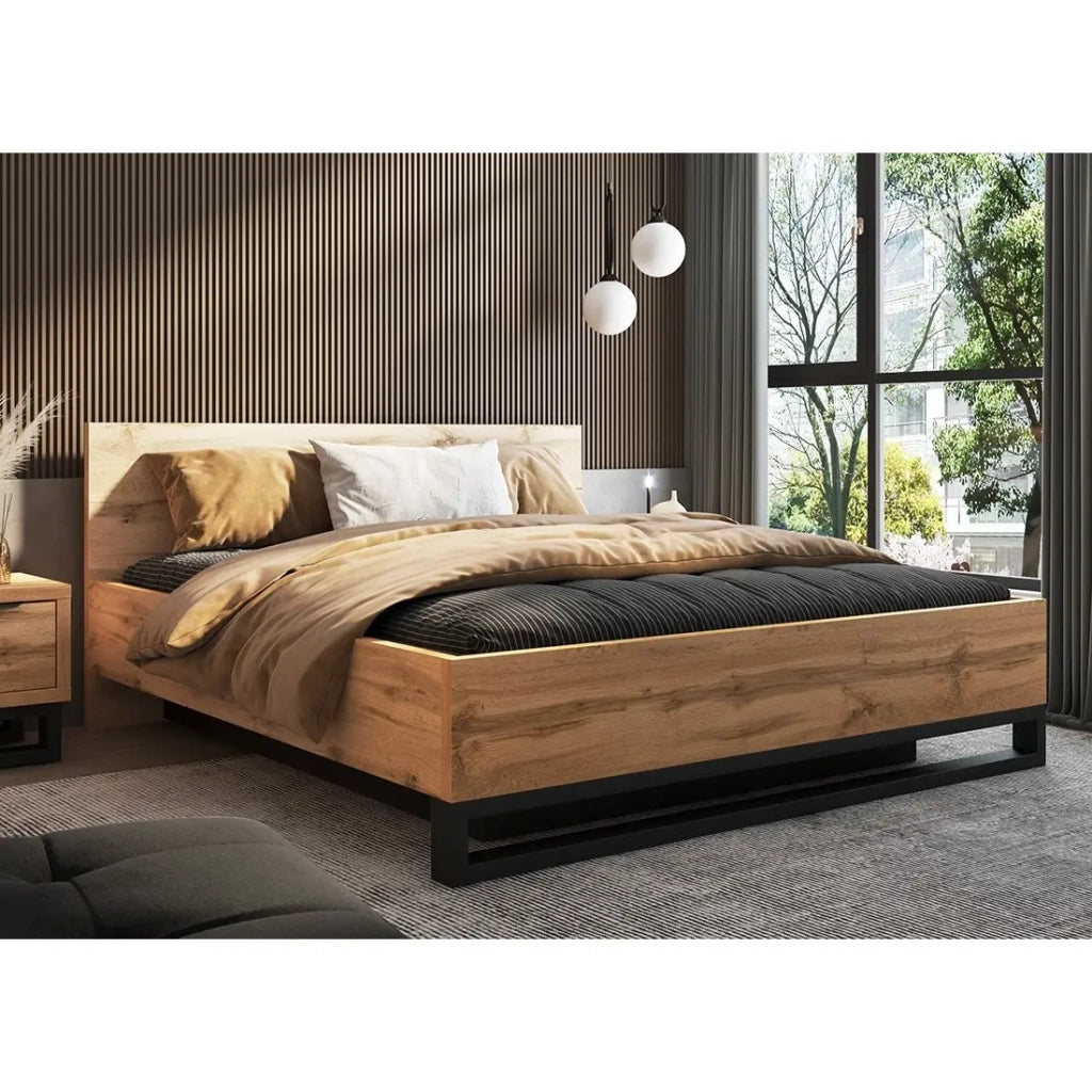 Letto contenitore 180x200 stile industriale - Collezione MILOS. Colori rovere grezzo e nero.