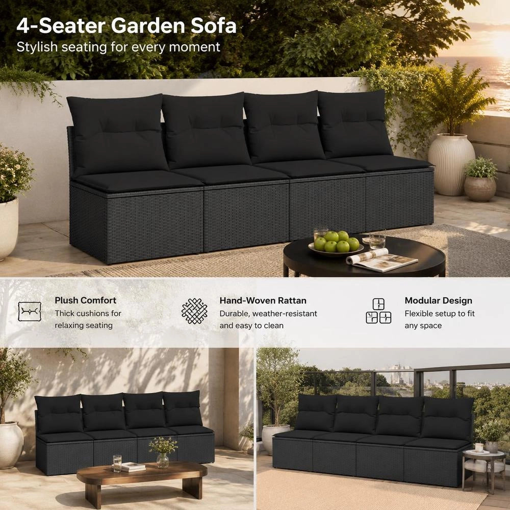 Garden Sofa With Cushions 4-seater Black Poly Rattan
