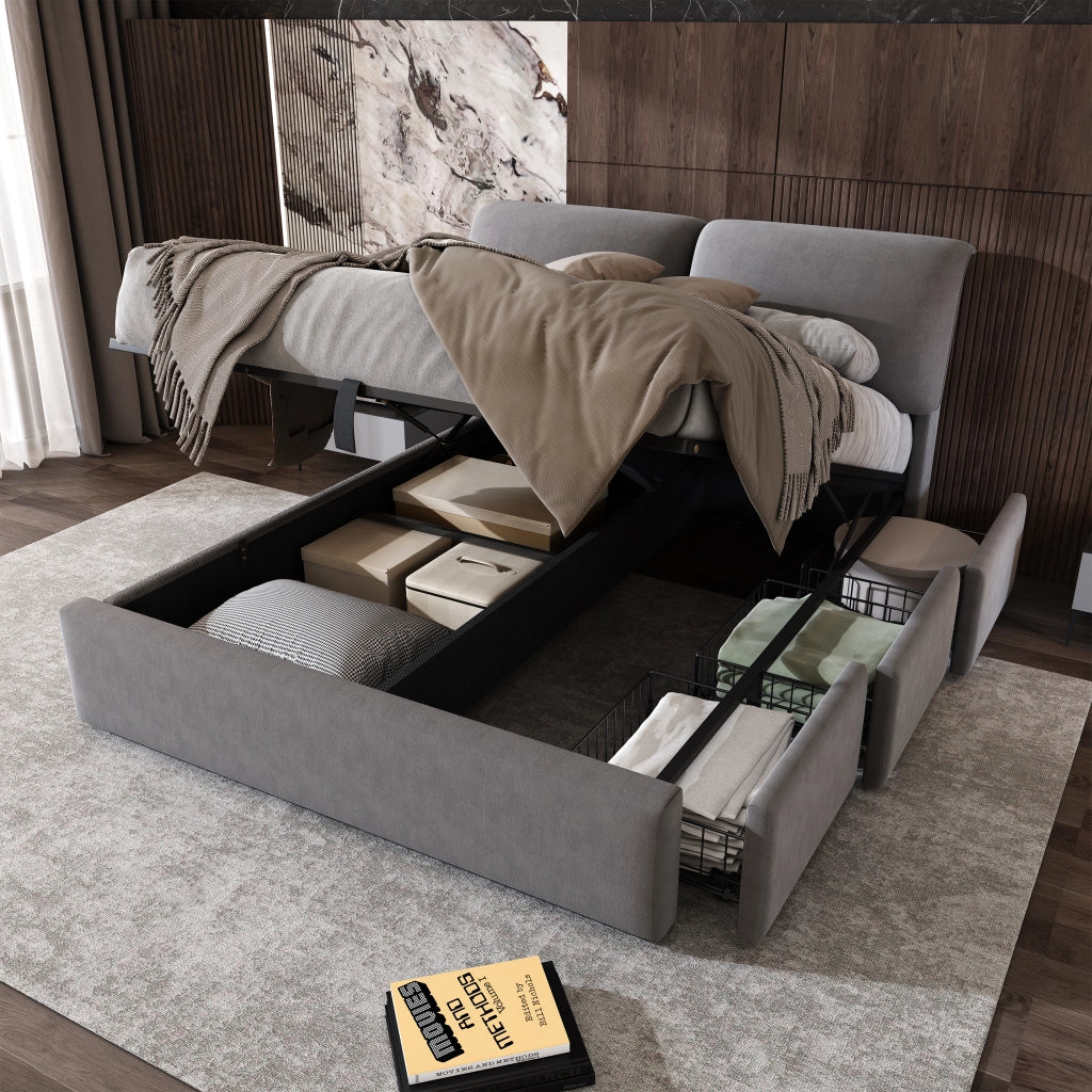 Letto imbottito 140x190 cm in velluto grigio con contenitore idraulico, 3 cassetti, rete a doghe e testiera