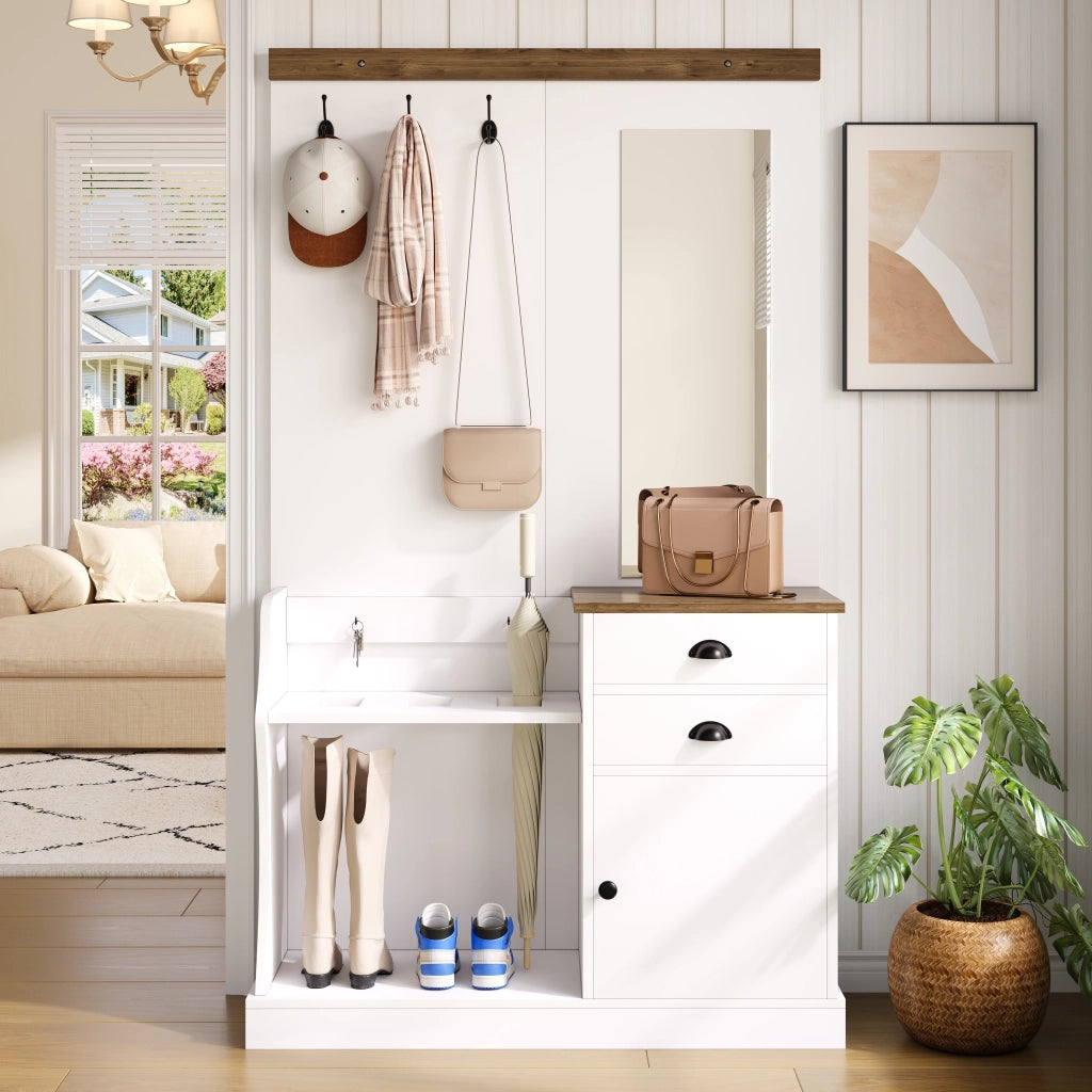 Mobile Ingresso con Specchio; 1 Anta; 2 Cassetti; Portaombrelli e Appendini; Stile Moderno; in Pannello di Particelle; Bianco; 110;5??38??191 cm