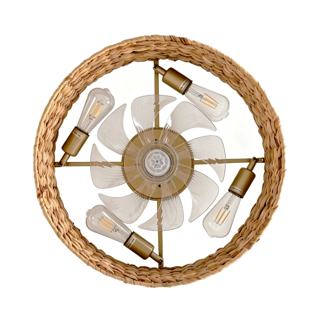 Ventilatore da soffitto con lampada 19 pollici in rattan; controllo Bluetooth e telecomando; rame