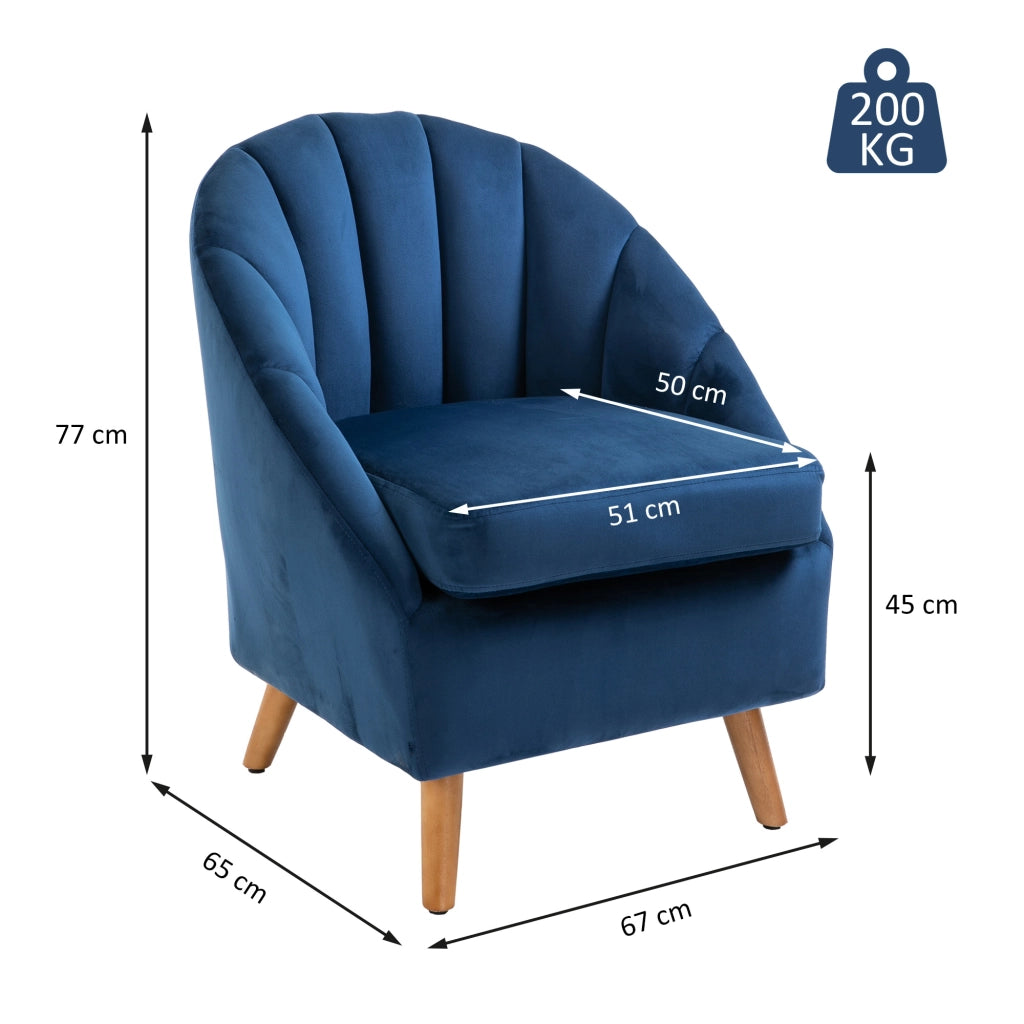 Poltrona da Salotto 67x65x77 cm con Imbottitura Spessa Gambe in Legno e Braccioli in Velluto Blu