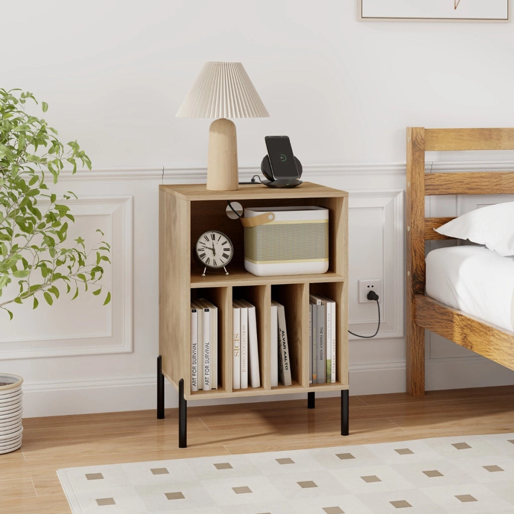 Supporto per giradischi con gambe in metallo, stazione di ricarica e porta USB, Mobile con mensola porta vinili Naturale-Scaffali e librerie