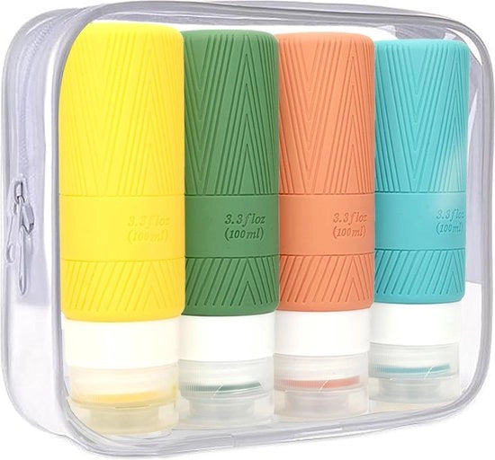 Set di flaconi di silicone per viaggio, 4 set di flaconi di silicone per viaggio, flaconi di shampoo per riempire, flaconi di viaggio con contenitori per toilette, flaconi di cosmetici per riempire la crema per doccia (4 x 100 ml)