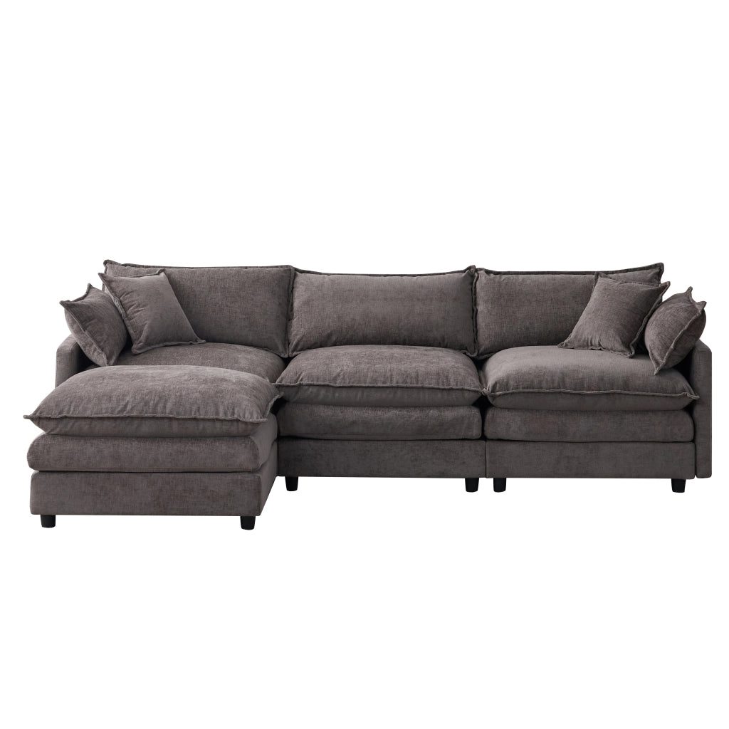 Divano angolare modulare 3 posti con chaise longue e pouf, cuscini sfoderabili in ciniglia grigio