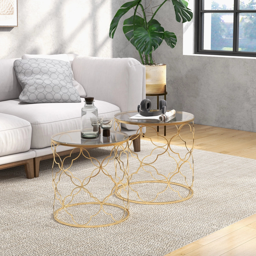 EasyComfort Set di 2 Tavolini da Salotto Impilabili Art Deco in Metallo con Piano in Vetro, Oro
