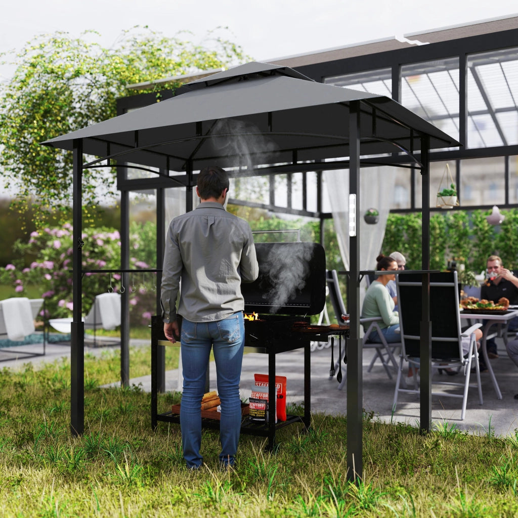 Pavillon per barbecue in metallo 243 x 148 x 248 cm con doppio tetto, LED magnetico e ripiani laterali