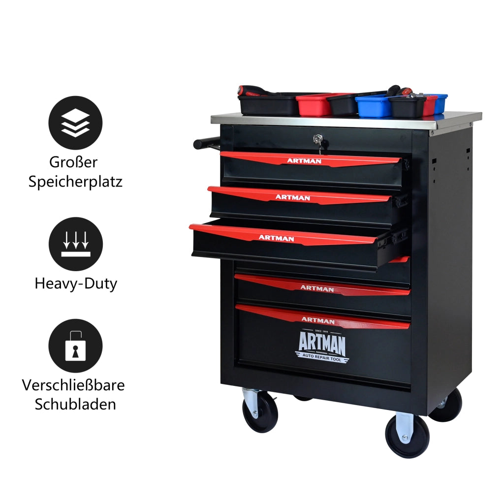 Mobile contenitore con 6 cassetti, ruote bloccabili e serratura, per garage e officina, in acciaio nero e rosso
