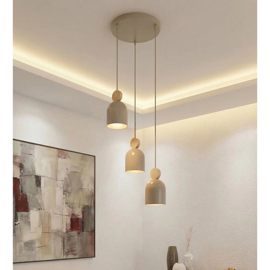 Lampada a sospensione MESI in acciaio beige e legno