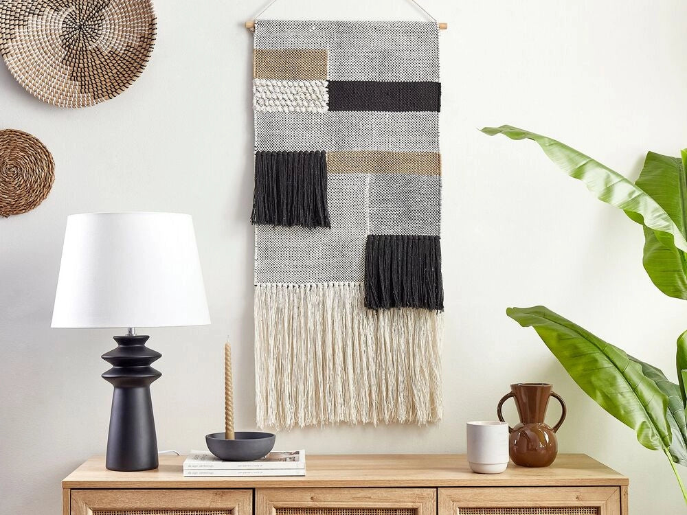 Decorazione da parete cotone beige e nero fatta a mano con nappe motivo geometrico stile boho soggiorno camera da letto