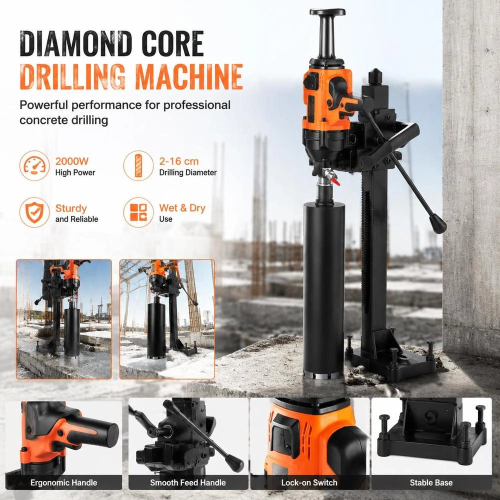 Diamond Core Drilling Machine, 2-16 Cm Drilling Diameter, Hand-held Diamond Core Drill With Stand And Core Drill Bit, 2000 W Concrete Core Drill, Wet And Dry Application, For Concrete