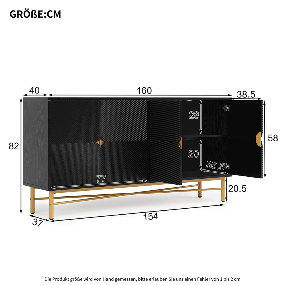 Credenza 160cm Texturizzata - Xylo - 4 Ante con Maniglie Oro, Colore Nero