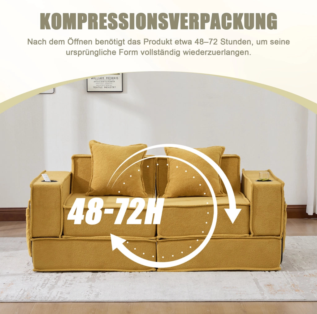 Pouf-sofà in ciniglia giallo senape con tasche laterali e cuscini