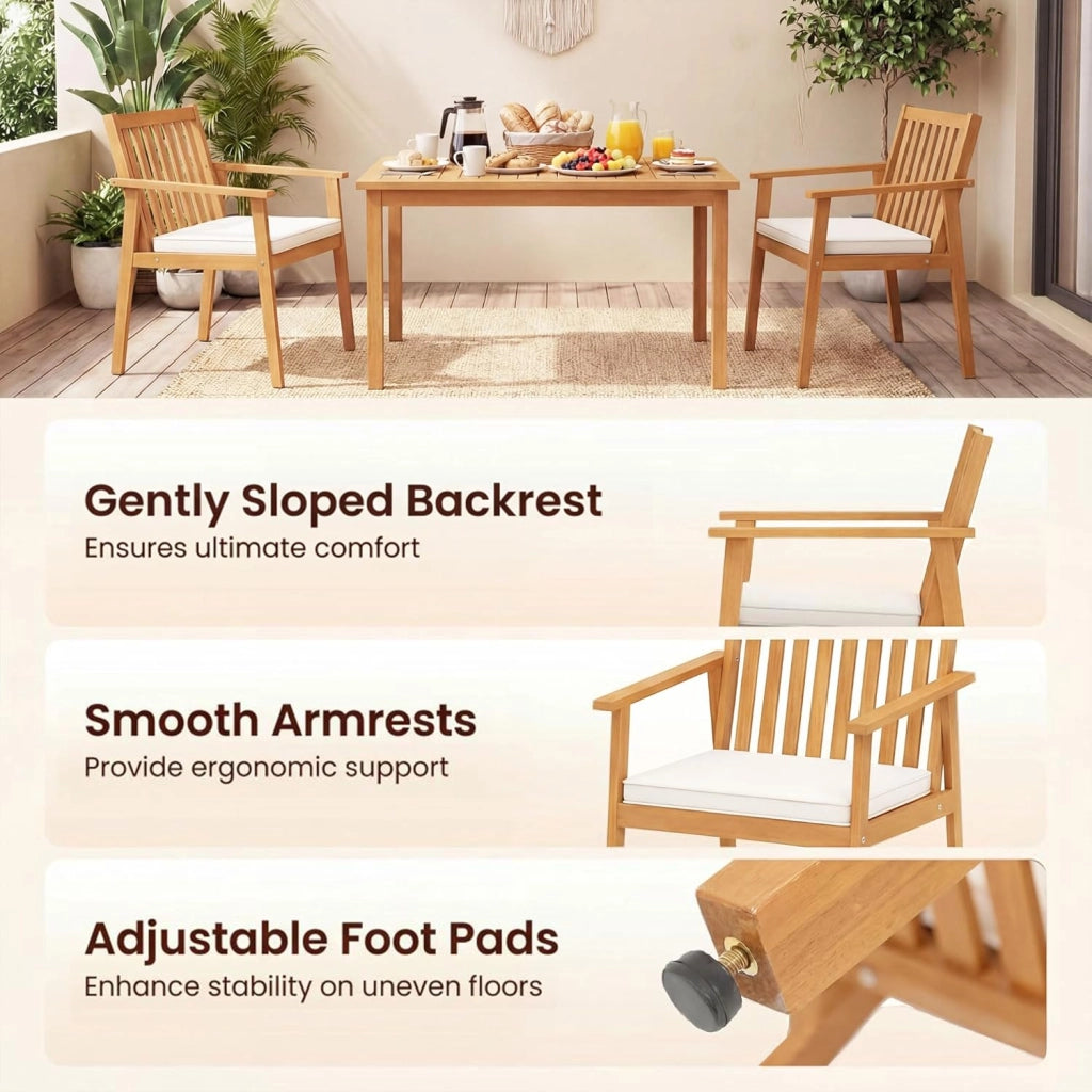 Set di 2 Sedie da Giardino Ergonomiche con Cuscino Rimovibile, Sedie da Pranzo con Braccioli, Poltrona in Legno di Acacia da Terrazza, Balcone, Cortile, Portata 180kg (Giallo Teak)