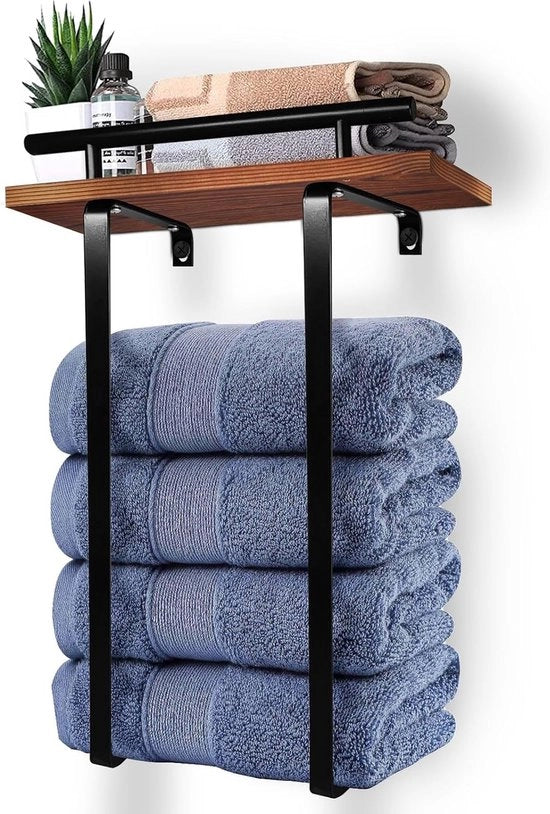 Sostegno asciugamani per ospiti Sostegno asciugamani RVS da appendere al muro con piatto in legno per bagno e cucina (42,5 cm, nero opaco)