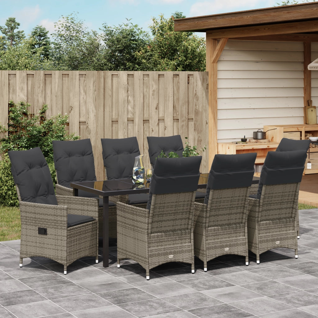 Set da Pranzo da Giardino 9 Pezzi con Cuscini Grigio Polyrattan